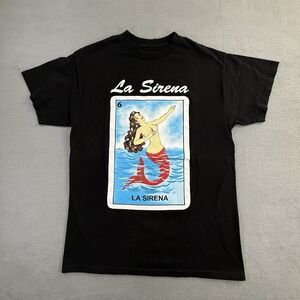 La Sirena Mexican Loteria Black T-Shirt Medium Mermaid